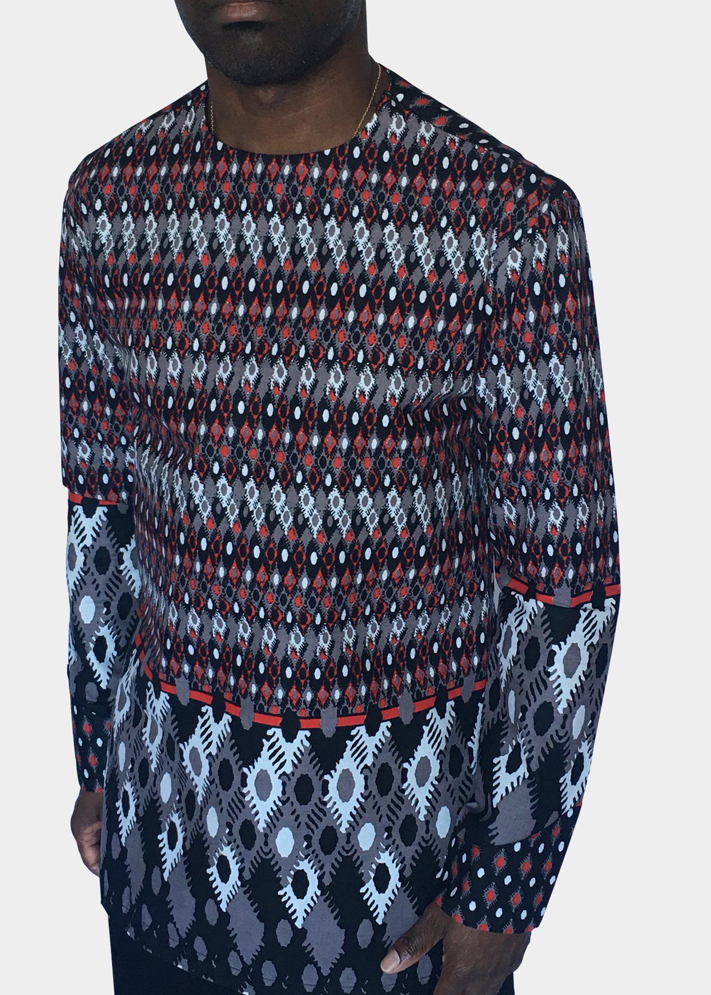 Grey and Red Long Sleeve African Print Tunic -Contemporary and Colorful Ensemble-African apparel and accessories