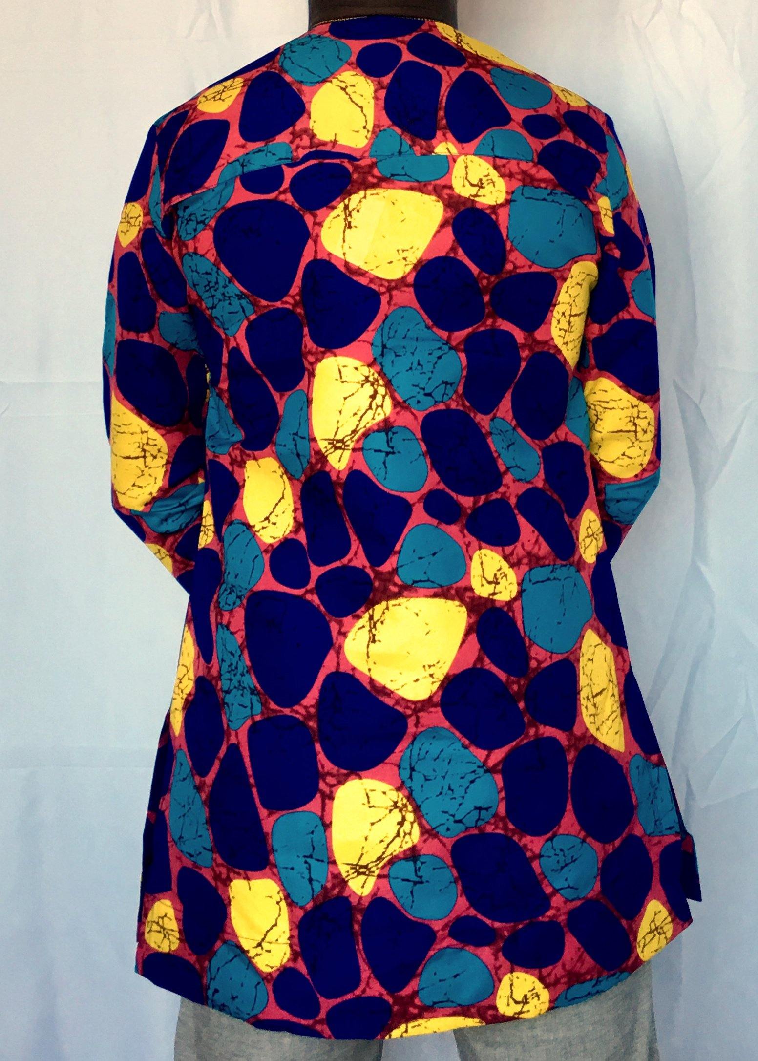 Blue Yellow Long Sleeve African Print Tunic-Contemporary and Colorful Ensemble-African apparel and accessories