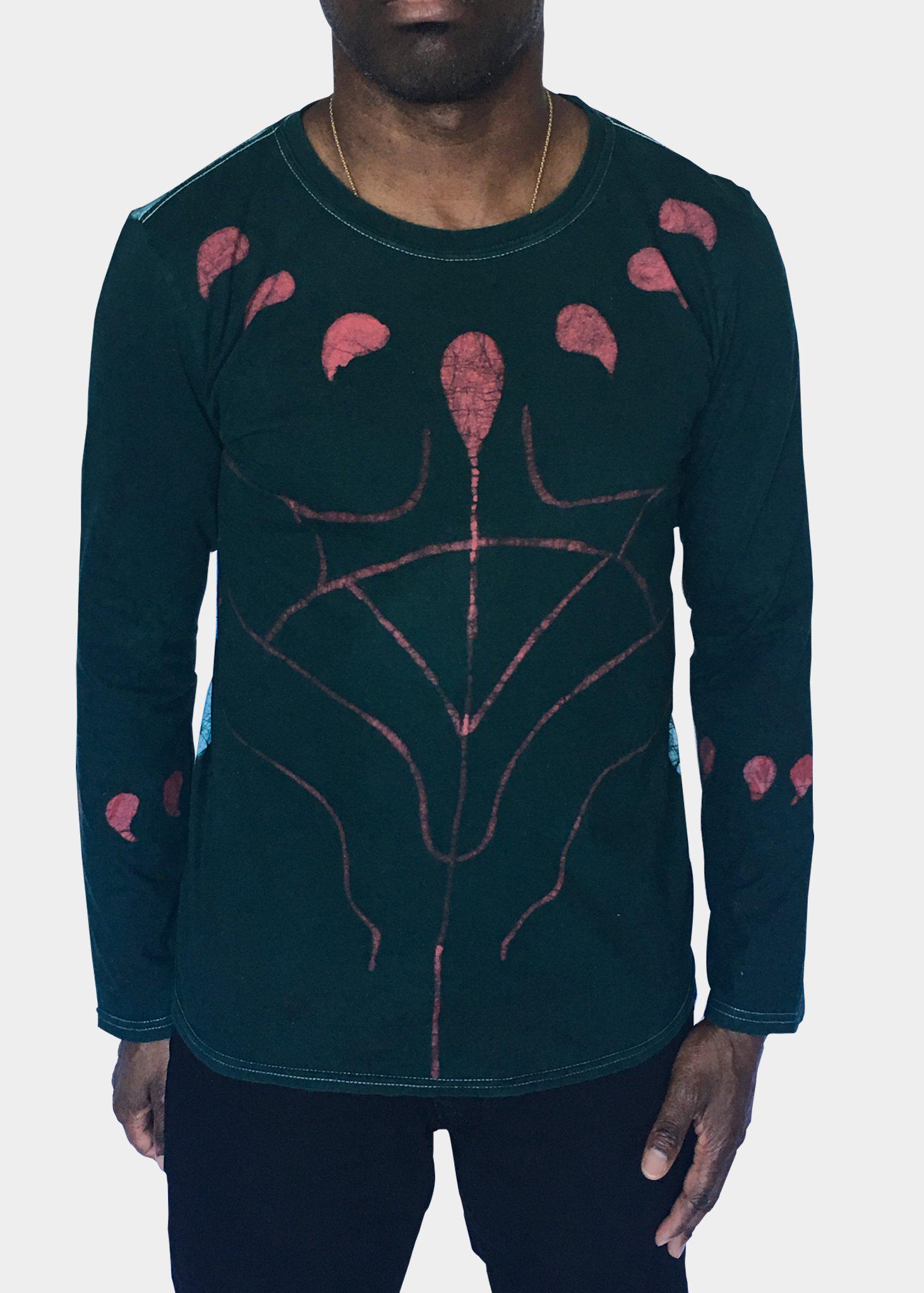 Green and Red Long Sleeve Batik T-Shirt with Black Panther