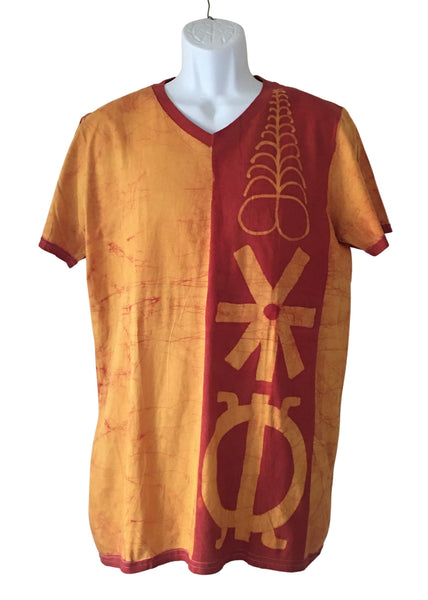 Orange V neck Short Sleeves Batik T-shirt with Adinkra symbols | Contemporary and Colorful Ensemble