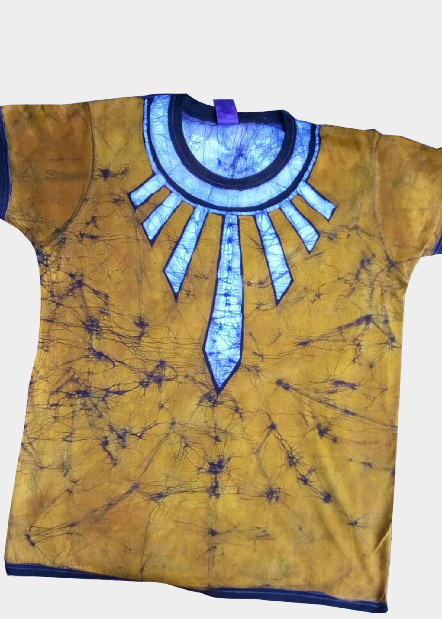 Gold and White Fitted Short Sleeves Batik T-shirt with Wakanda Neckwear -Contemporary and Colorful Ensemble-African apparel and accessories