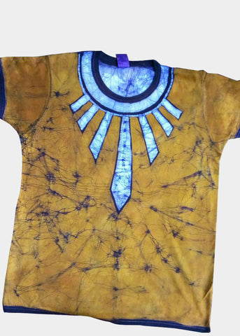 Gold and White Fitted Short Sleeves Batik T-shirt with Wakanda Neckwear -Contemporary and Colorful Ensemble-African apparel and accessories