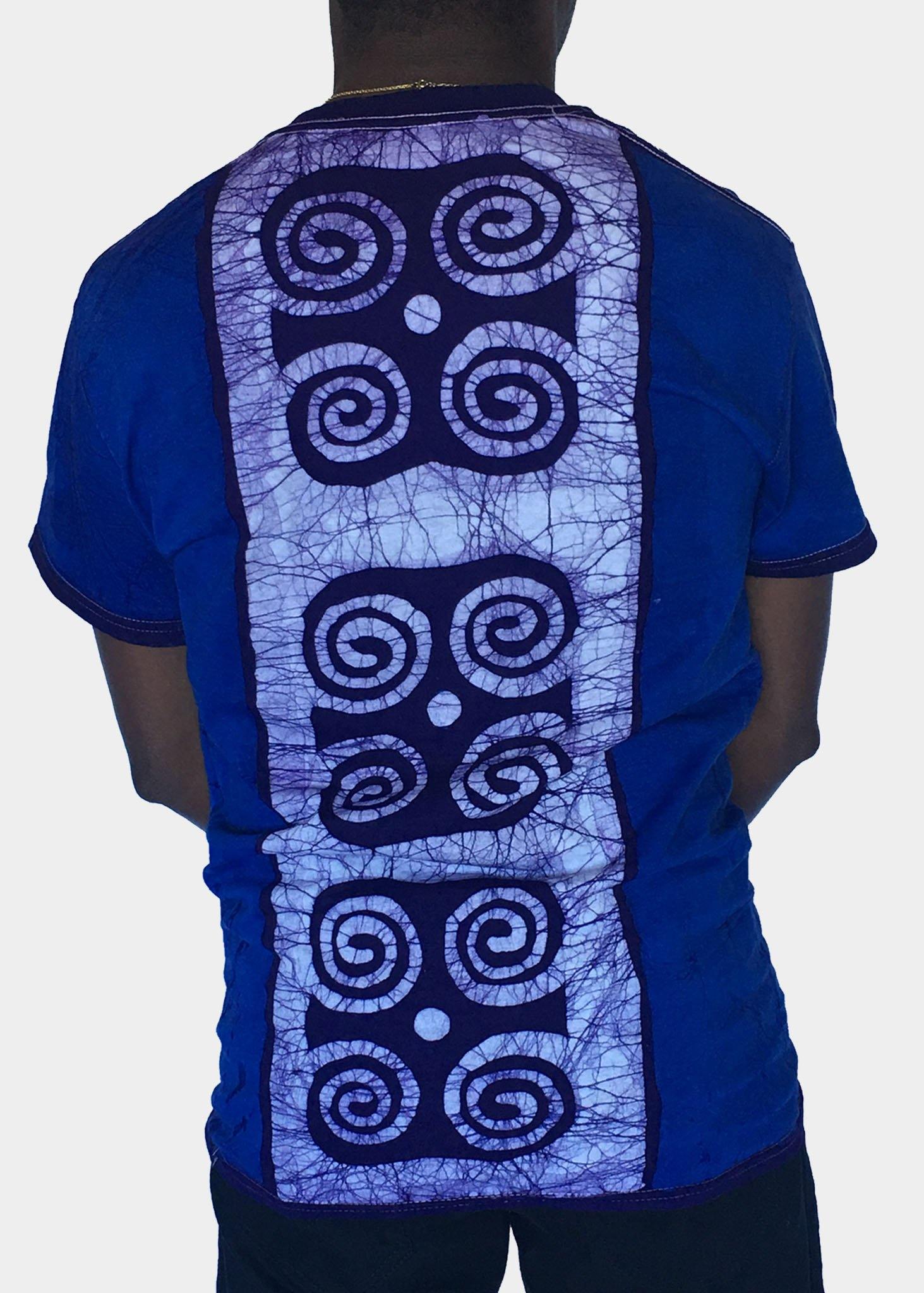 Blue and White Short Sleeve Batik T-Shirt with Ram's Horns Symbol -Contemporary and Colorful Ensemble-African apparel and accessories