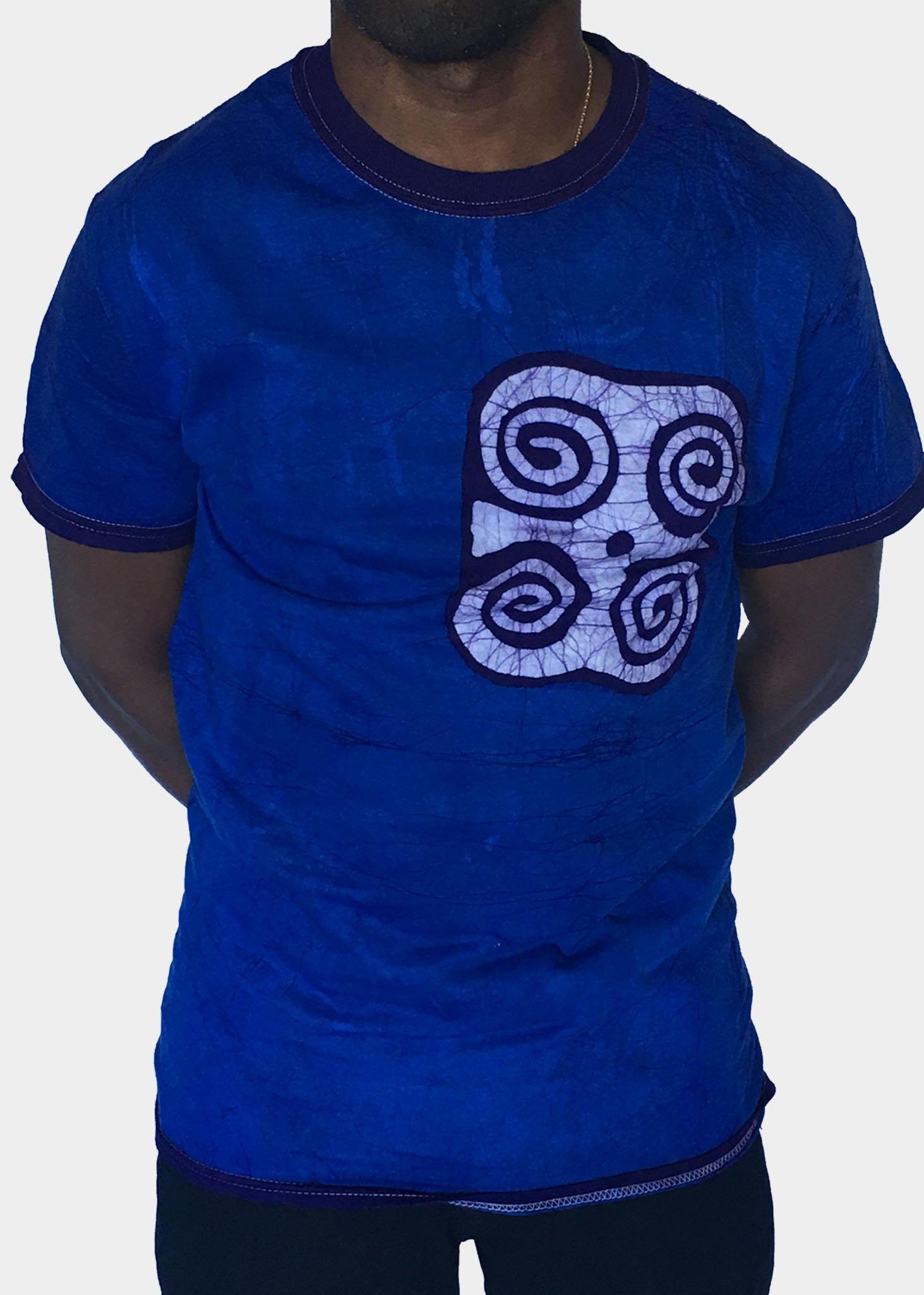 Blue and White Short Sleeve Batik T-Shirt with Ram's Horns Symbol -Contemporary and Colorful Ensemble-African apparel and accessories