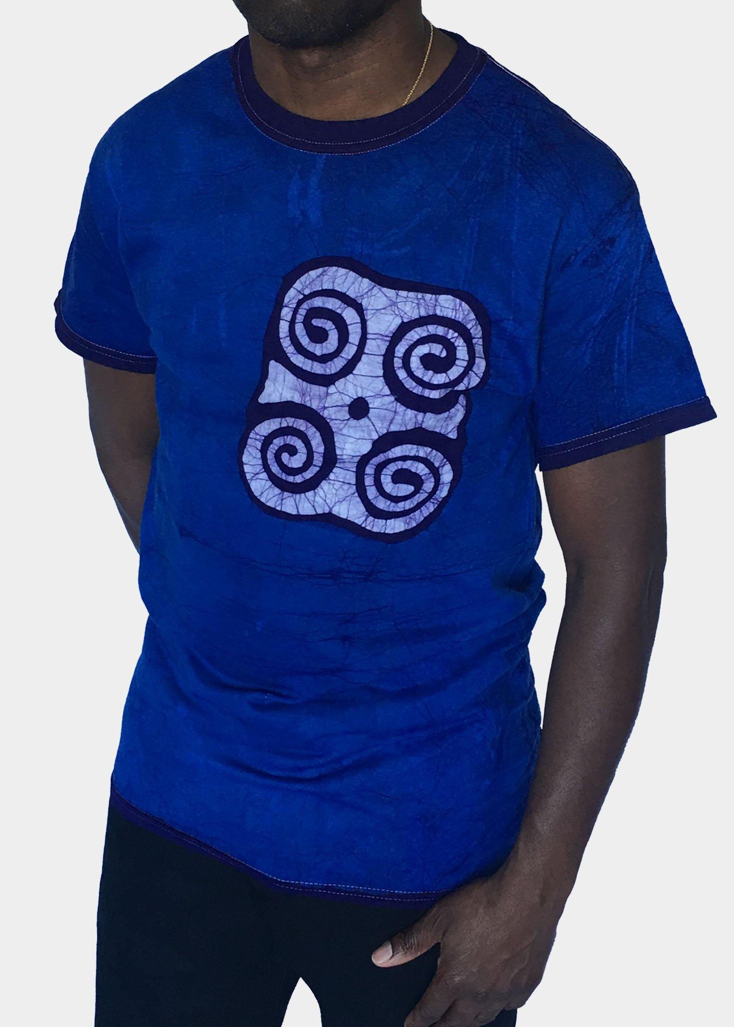 Blue and White Short Sleeve Batik T-Shirt with Ram's Horns Symbol -Contemporary and Colorful Ensemble-African apparel and accessories