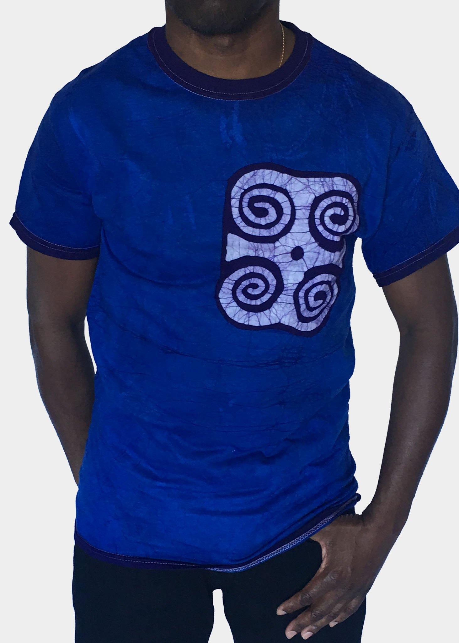 Blue and White Short Sleeve Batik T-Shirt with Ram's Horns Symbol -Contemporary and Colorful Ensemble-African apparel and accessories