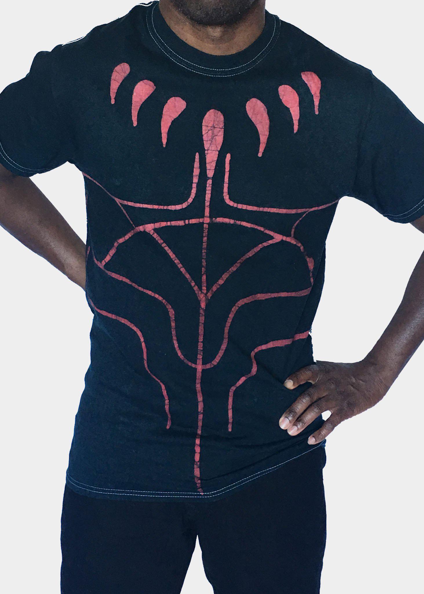 Green and Red Short  Sleeve Batik T-shirt with Black Panther Claws -Contemporary and Colorful Ensemble-African apparel and accessories