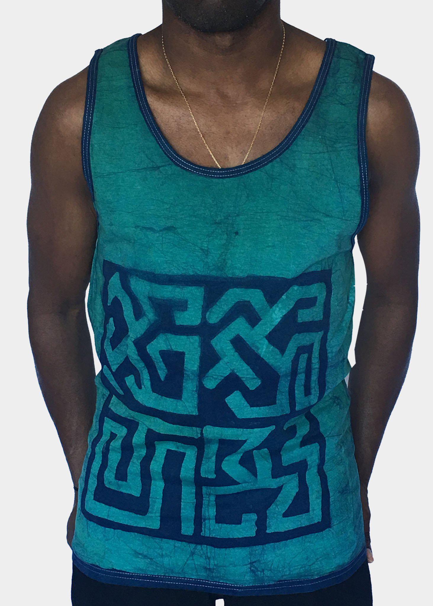 Green and Blue Batik Tank Top with Geometric Designs -Contemporary and Colorful Ensemble-African apparel and accessories