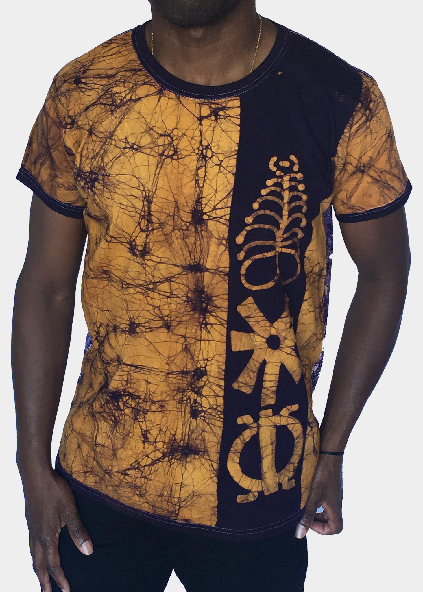 Gold and Purple Fitted Short Sleeves Batik T-shirt with Adinkra Symbols -Contemporary and Colorful Ensemble-African apparel and accessories