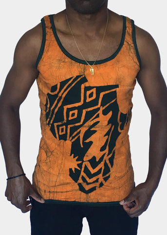 Orange and Green Fitted  Batik Tank Top with African and Adinkra Symbols -Contemporary and Colorful Ensemble-African apparel and accessories