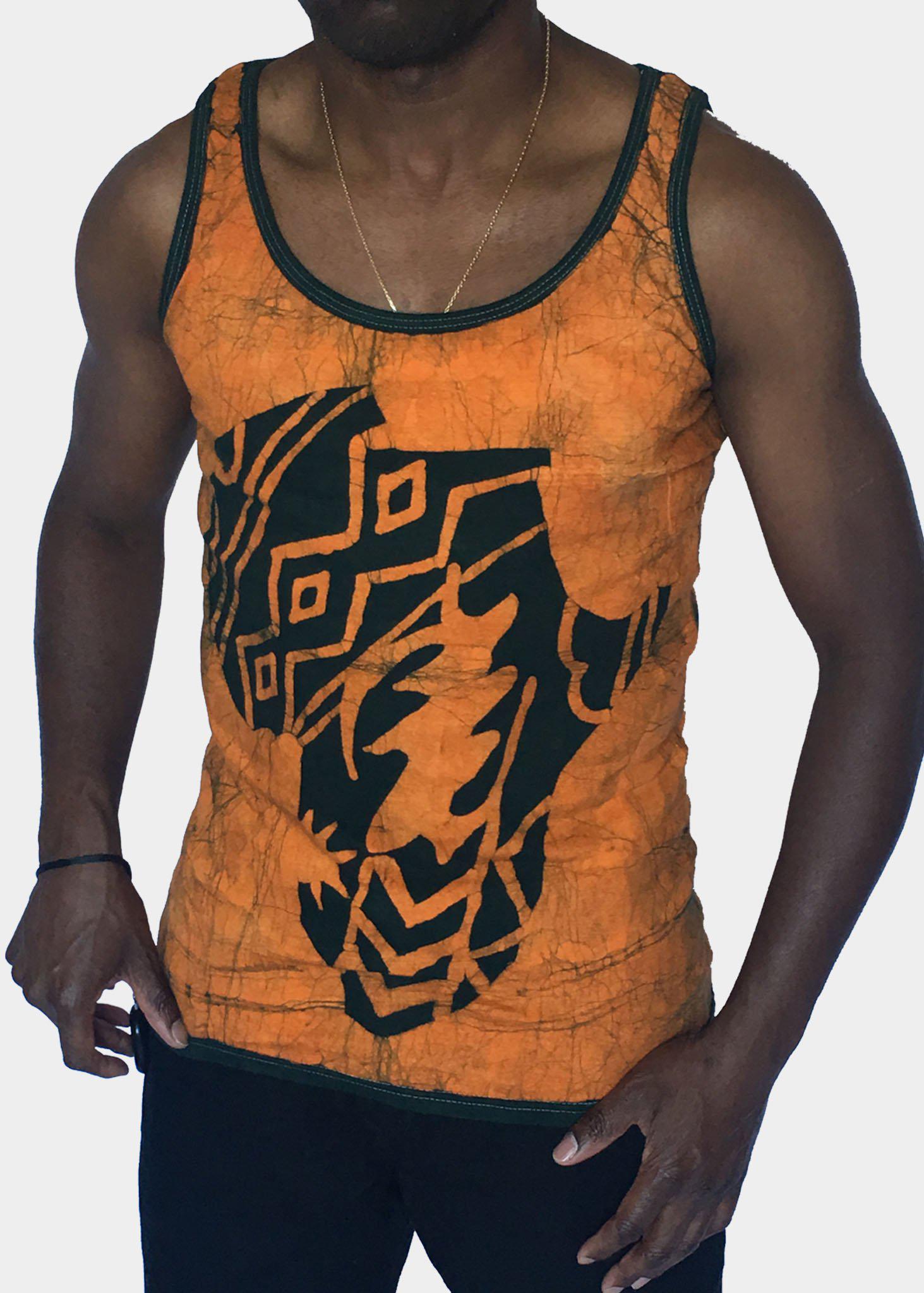 Orange and Green Fitted  Batik Tank Top with African and Adinkra Symbols -Contemporary and Colorful Ensemble-African apparel and accessories