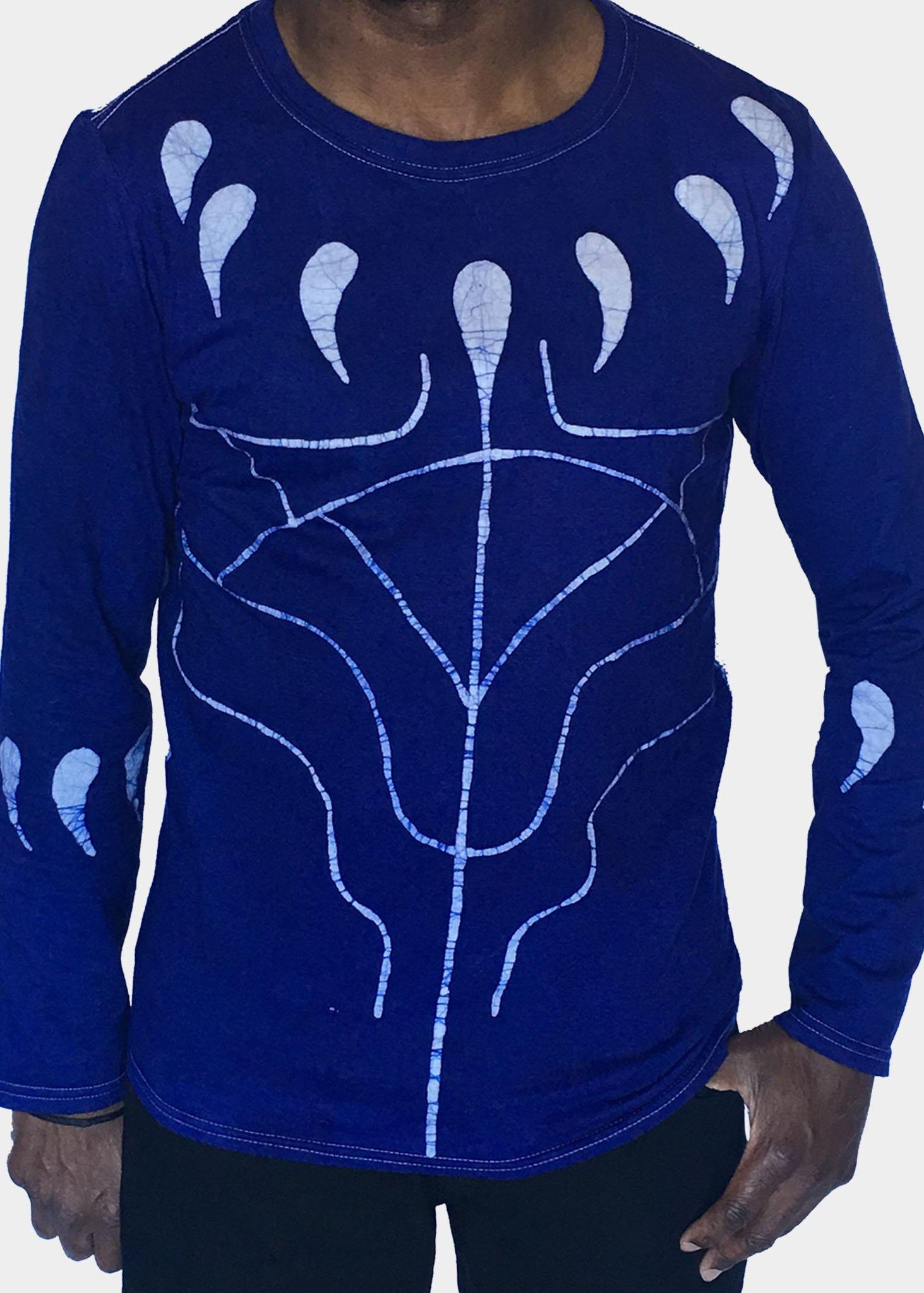 Blue and White Long Sleeve Batik T-Shirt with Black Panther Claws -Contemporary and Colorful Ensemble-African apparel and accessories
