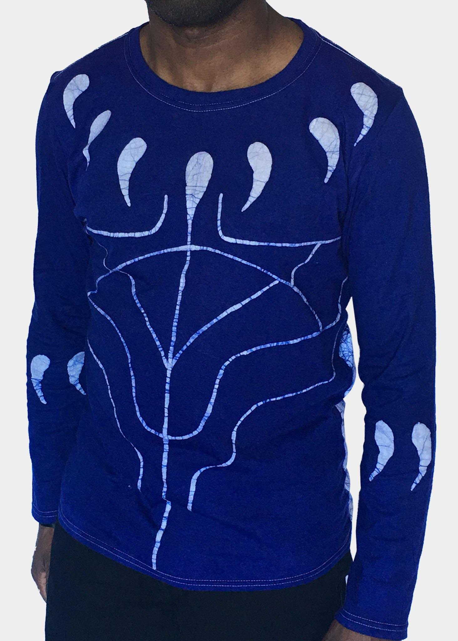 Blue and White Long Sleeve Batik T-Shirt with Black Panther Claws -Contemporary and Colorful Ensemble-African apparel and accessories