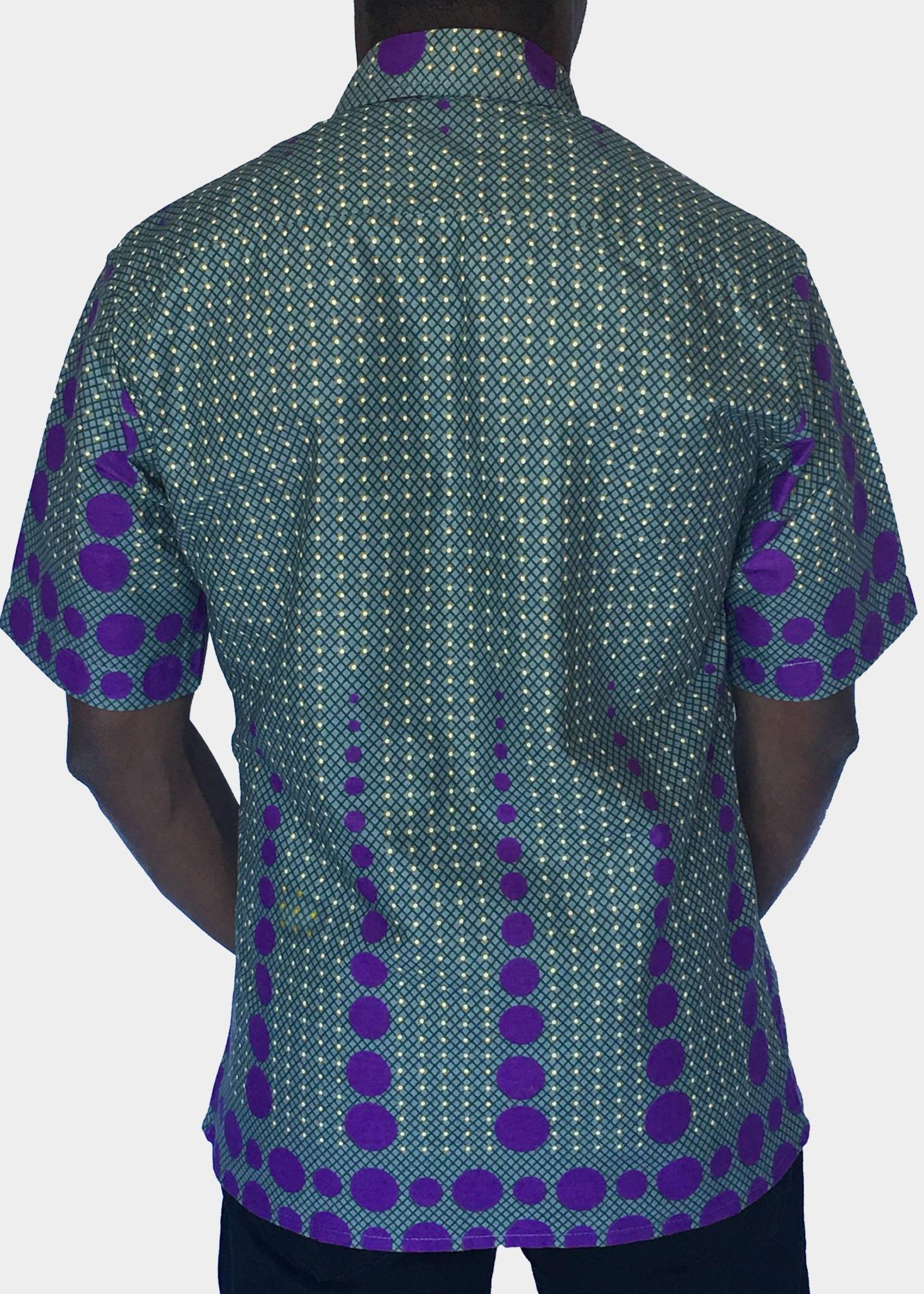 African Print Shirt Fitted Purple Dots Short Sleeves - Contemporary and Colorful Ensemble-African apparel and accessories