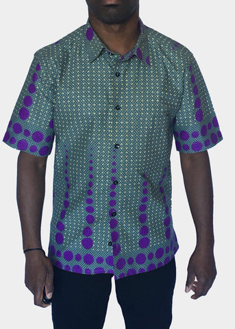 African Print Shirt Fitted Purple Dots Short Sleeves - Contemporary and Colorful Ensemble-African apparel and accessories