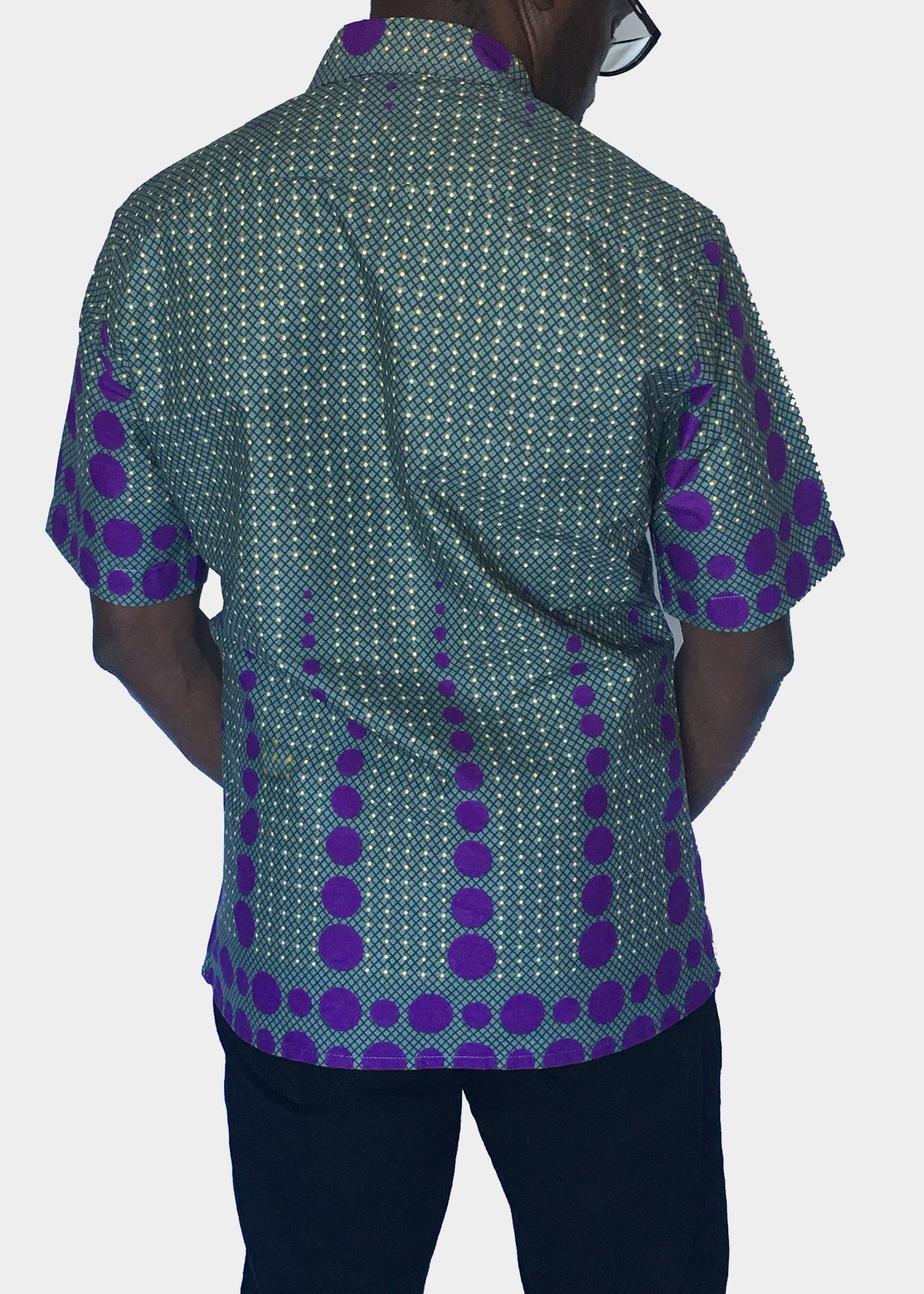African Print Shirt Fitted Purple Dots Short Sleeves - Contemporary and Colorful Ensemble-African apparel and accessories