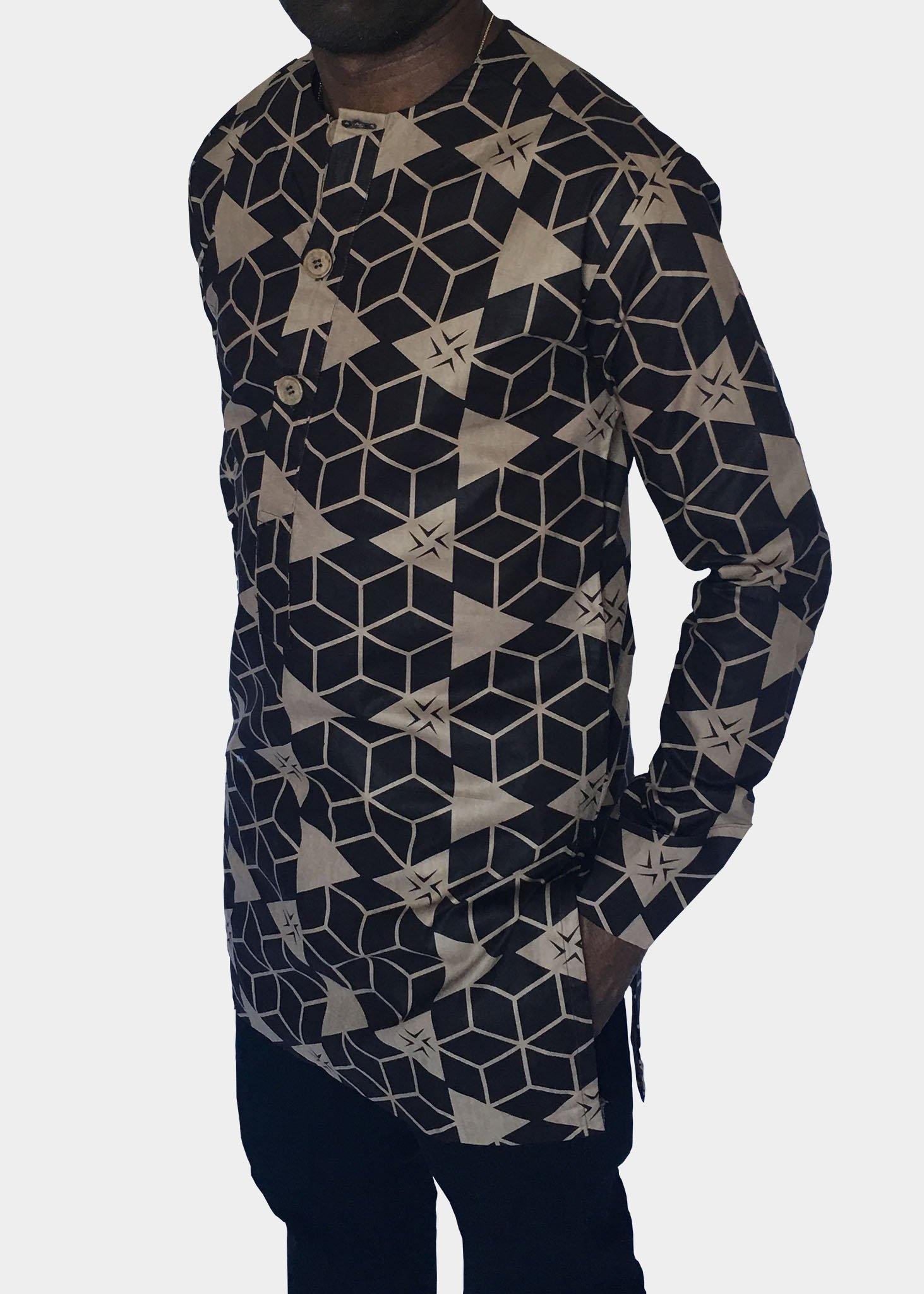 Brown Long Sleeve African Print Tunic -Contemporary and Colorful Ensemble-African apparel and accessories