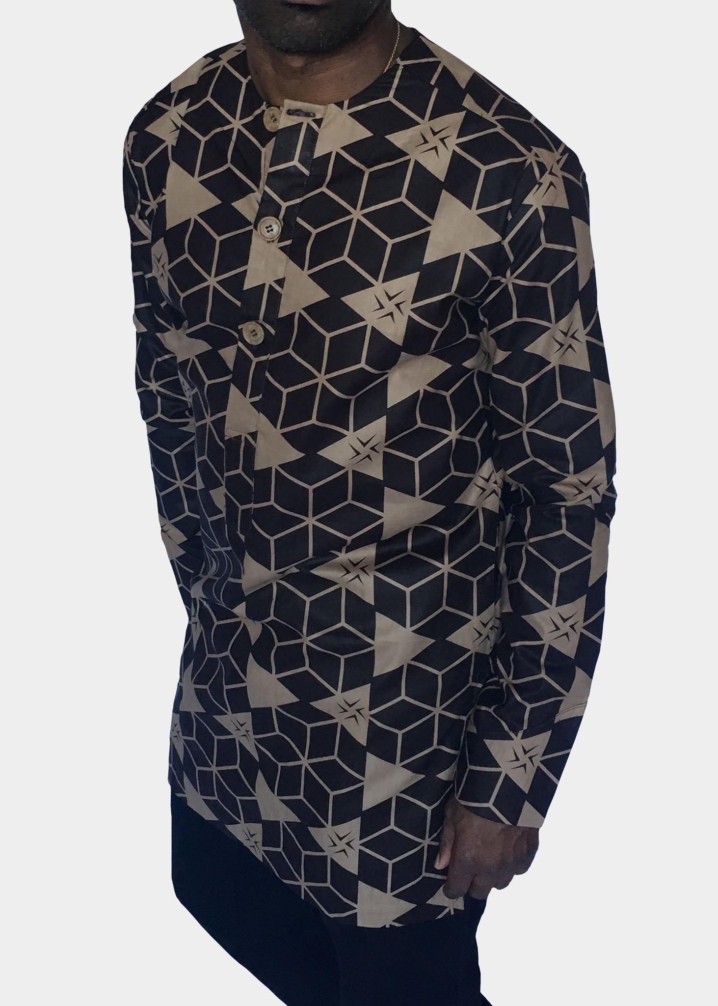 Brown Long Sleeve African Print Tunic -Contemporary and Colorful Ensemble-African apparel and accessories