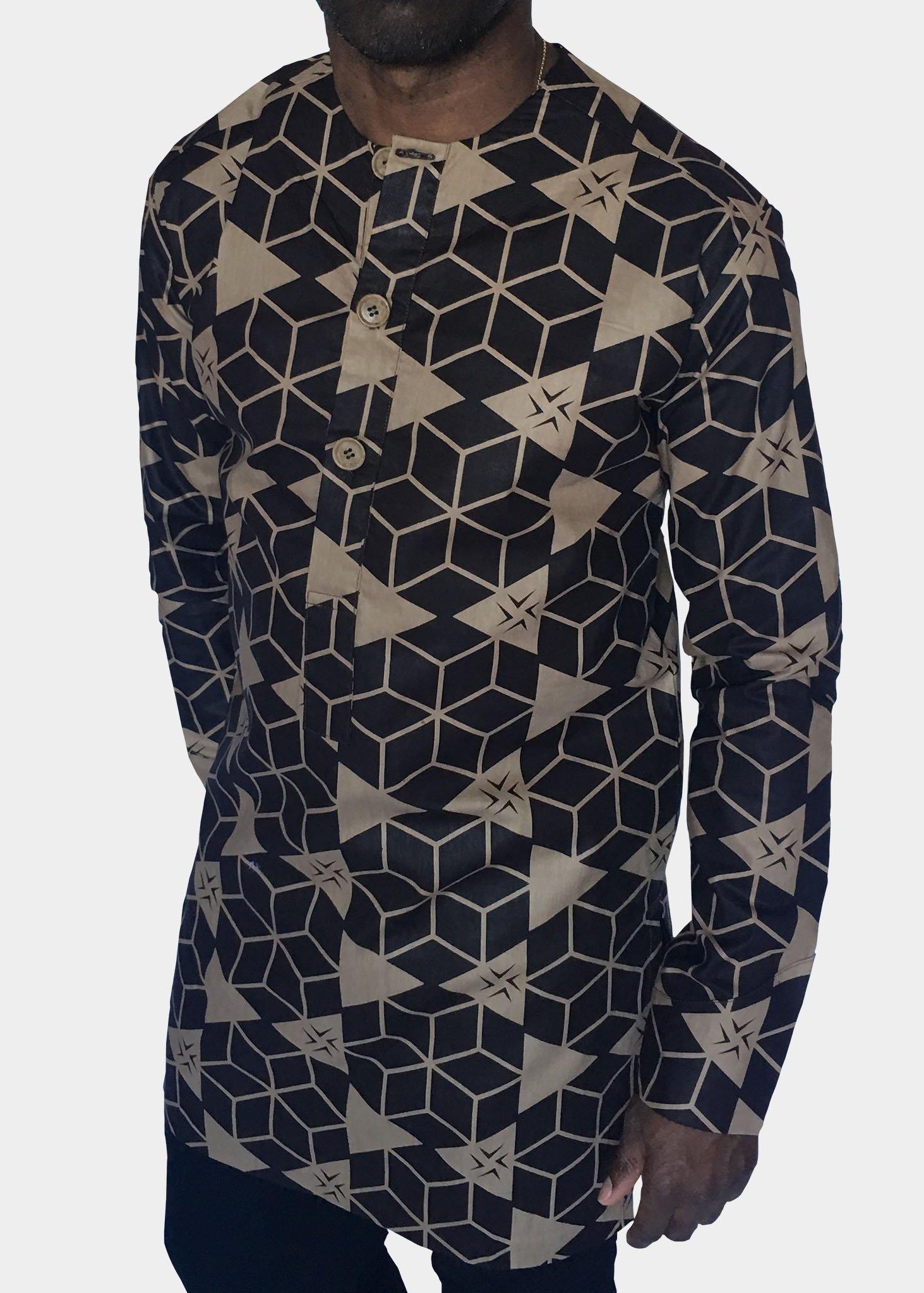 Brown Long Sleeve African Print Tunic -Contemporary and Colorful Ensemble-African apparel and accessories