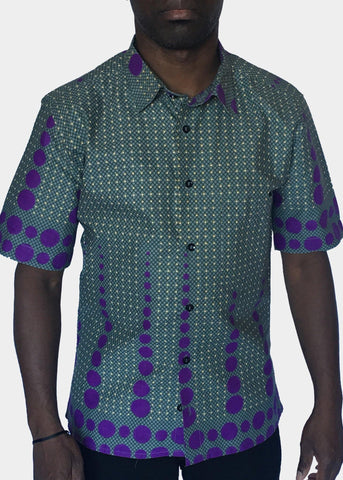 African Print Shirt Fitted Purple Dots Short Sleeves- Contemporary and Colorful Ensemble-African apparel and accessories