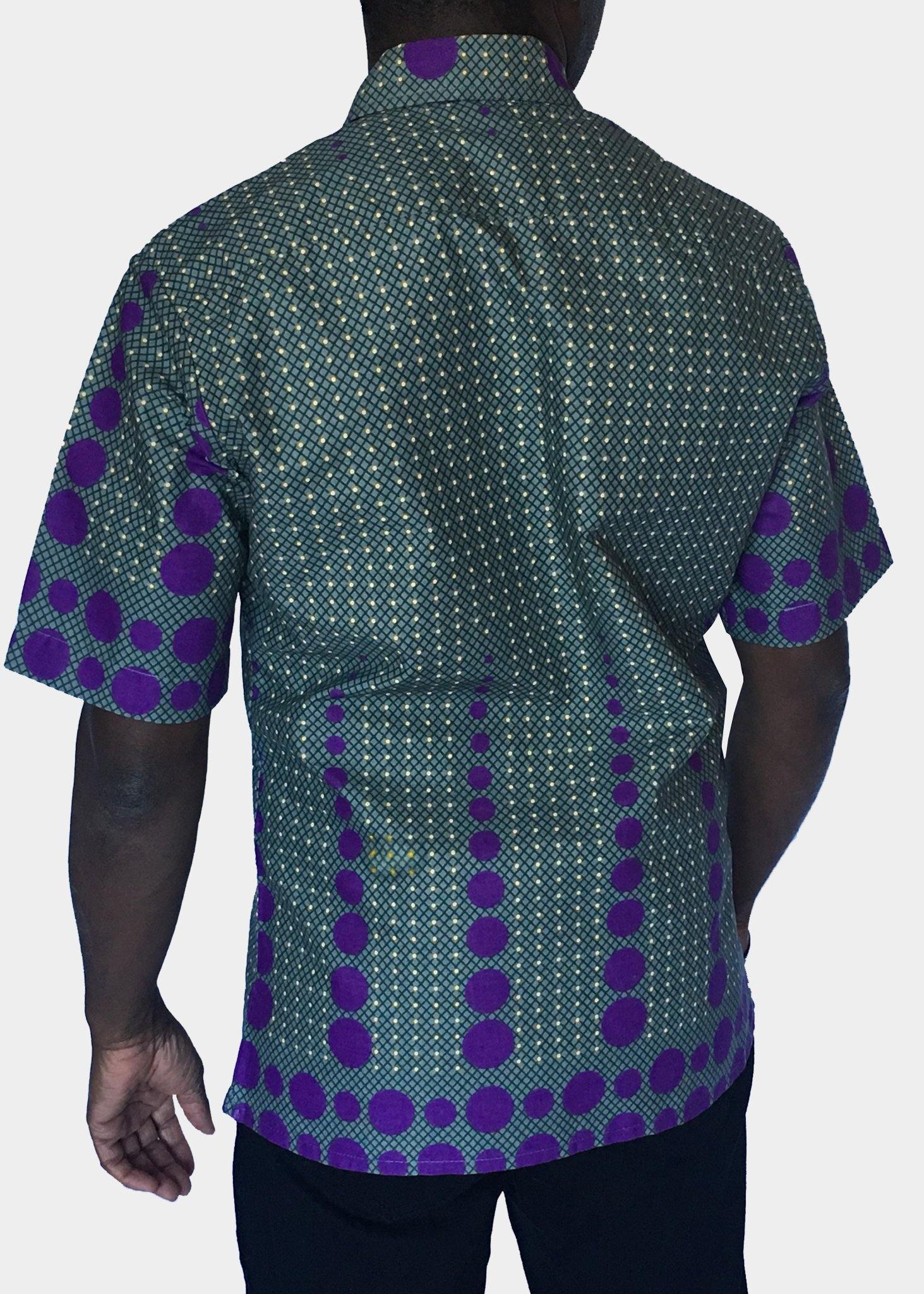 African Print Shirt Fitted Purple Dots Short Sleeves - Contemporary and Colorful Ensemble-African apparel and accessories