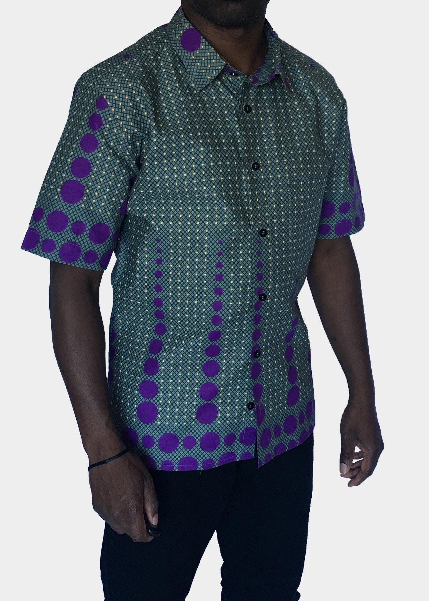 African Print Shirt Fitted Purple Dots Short Sleeves- Contemporary and Colorful Ensemble-African apparel and accessories