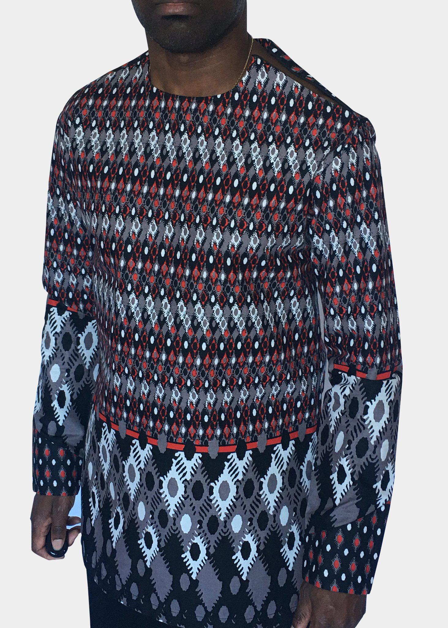 Grey and Red Long Sleeve African Print Tunic -Contemporary and Colorful Ensemble-African apparel and accessories