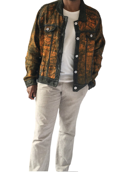 Lightweight Batik Trucker Jacket Green and Gold -Contemporary and Colorful Ensemble-African apparel and accessories