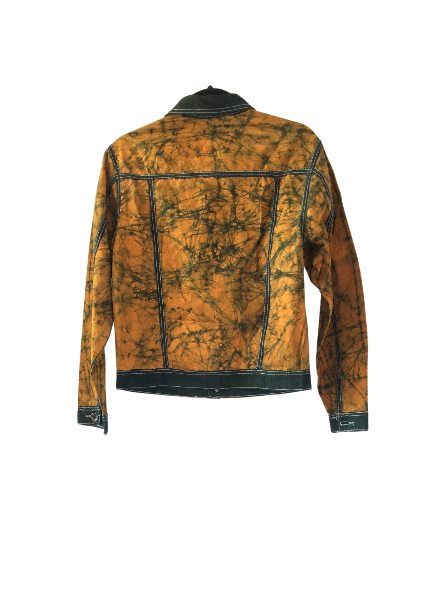 Linen Lightweight Batik Trucker Jacket Gold and Green -Contemporary and Colorful Ensemble-African apparel and accessories