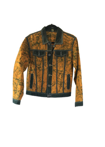 Linen Lightweight Batik Trucker Jacket Gold and Green -Contemporary and Colorful Ensemble-African apparel and accessories