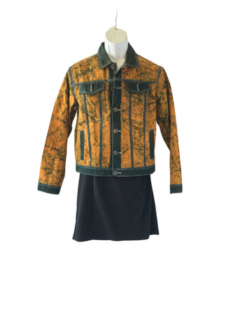 Linen Lightweight Batik Trucker Jacket Gold and Green -Contemporary and Colorful Ensemble-African apparel and accessories