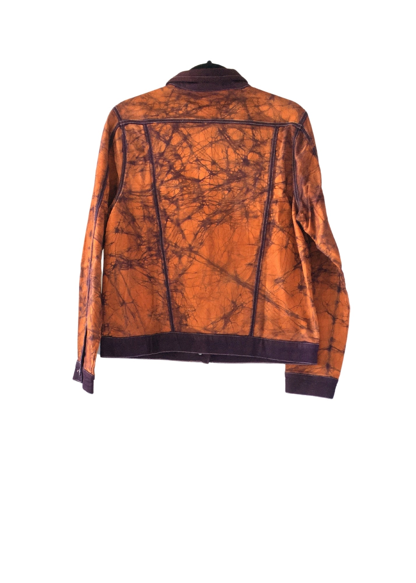 Linen Lightweight Batik Trucker Jacket Orange and Purple -Contemporary and Colorful Ensemble-African apparel and accessories