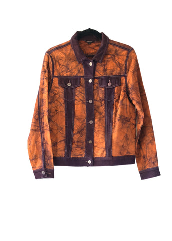 Linen Lightweight Batik Trucker Jacket Orange and Purple -Contemporary and Colorful Ensemble-African apparel and accessories