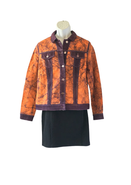 Linen Lightweight Batik Trucker Jacket Orange and Purple -Contemporary and Colorful Ensemble-African apparel and accessories
