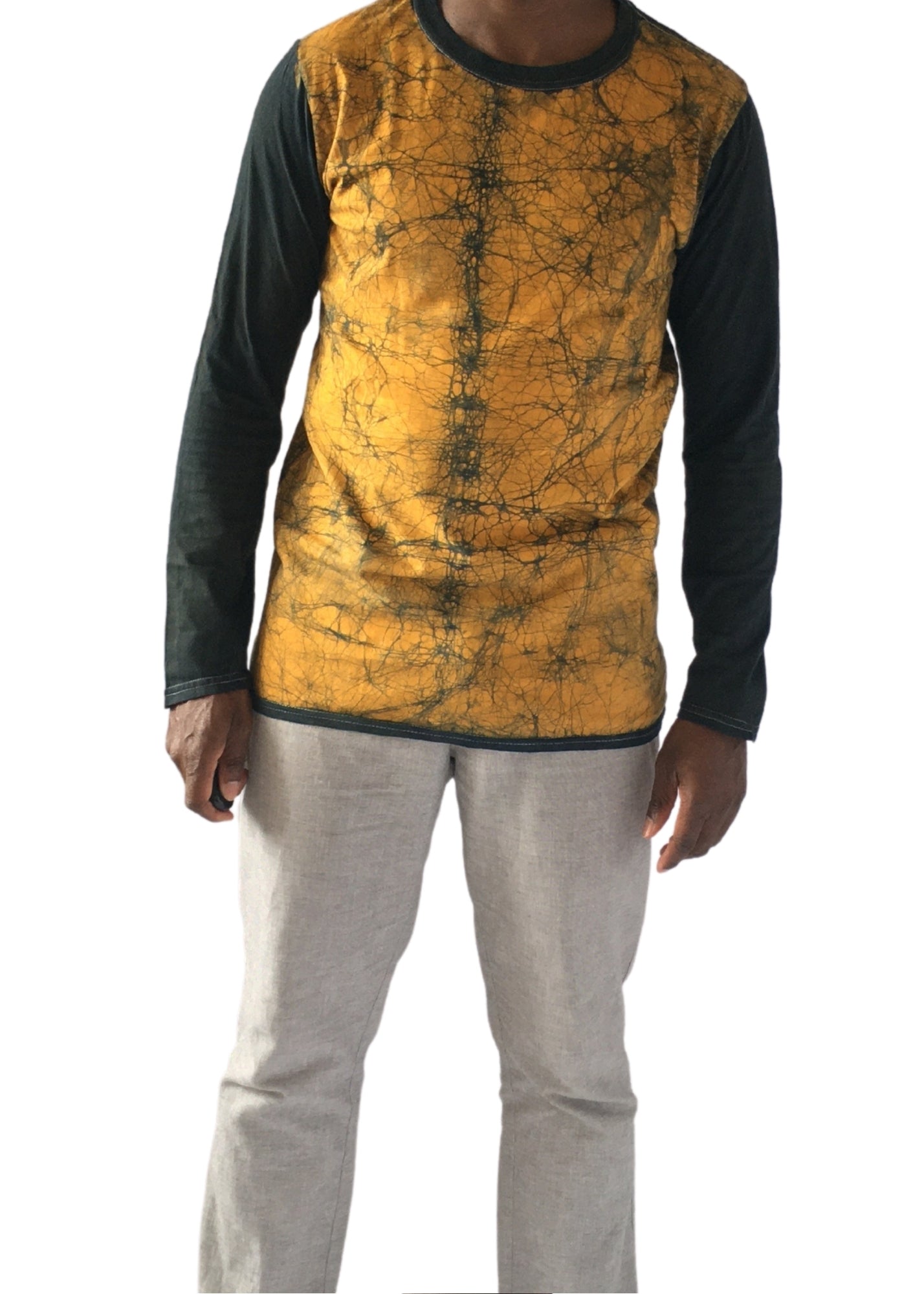 Gold and Green Long Sleeve Batik T-Shirt -Contemporary and Colorful Ensemble-African apparel and accessories