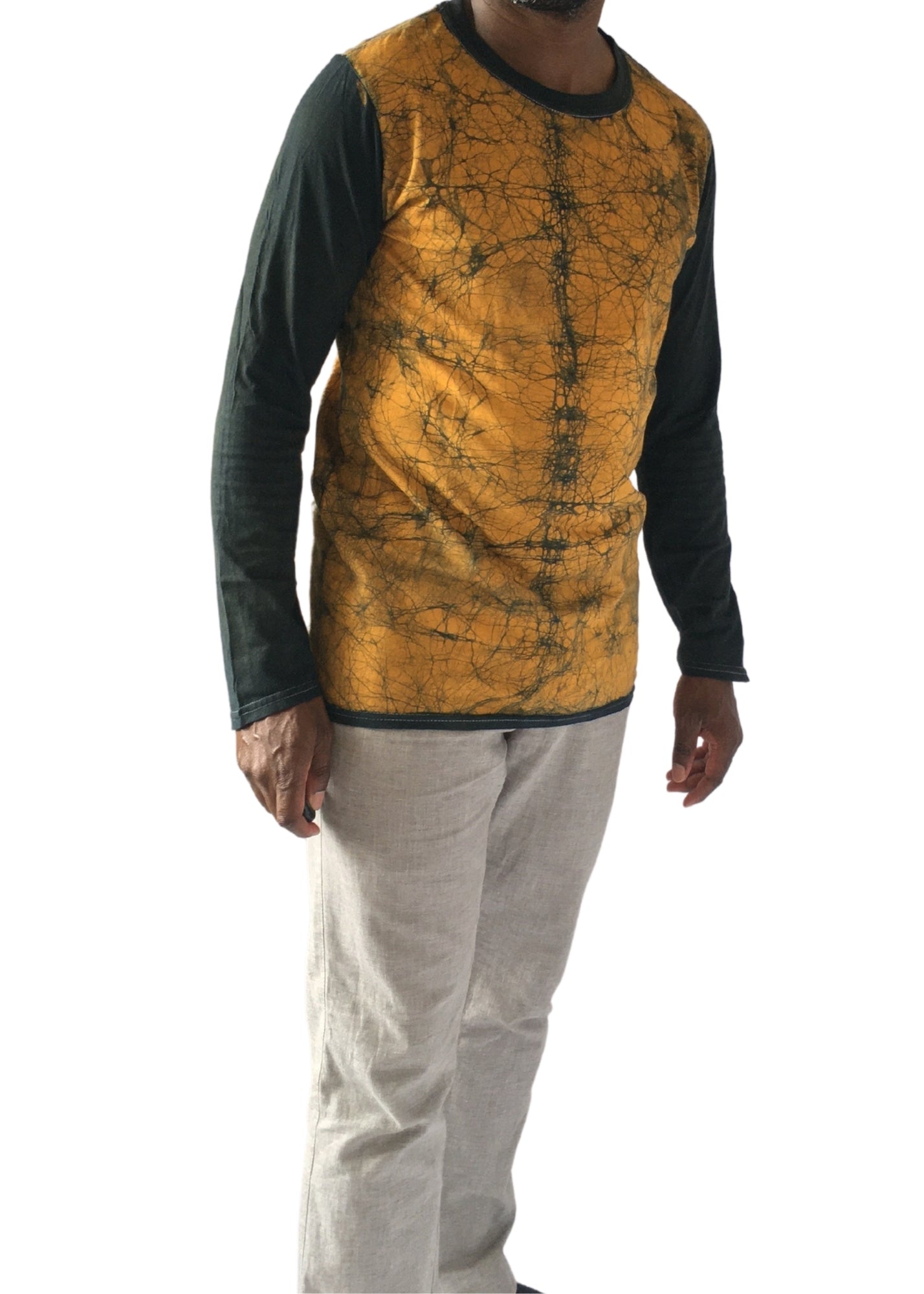 Gold and Green Long Sleeve Batik T-Shirt -Contemporary and Colorful Ensemble-African apparel and accessories