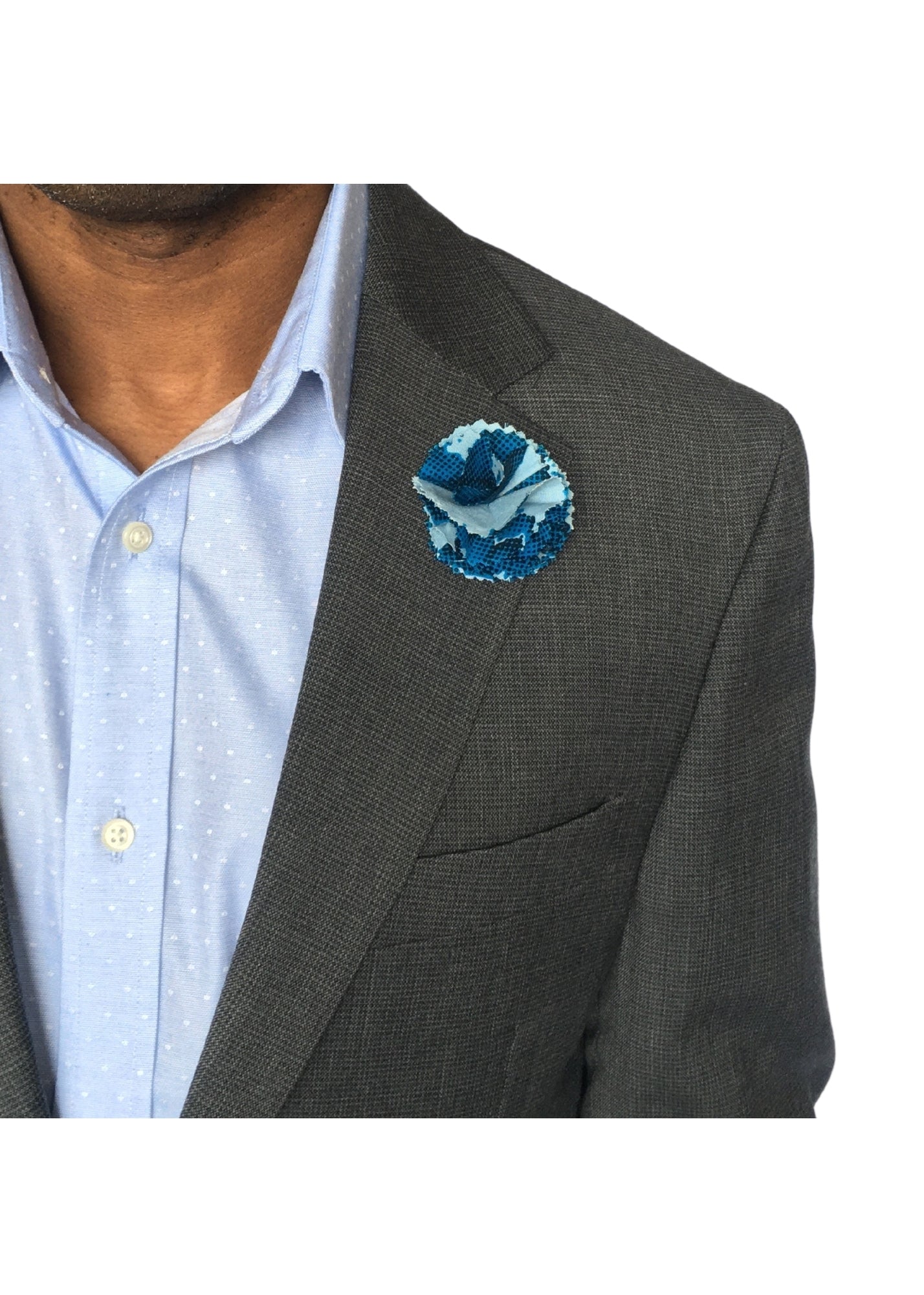 Blue and Dark Dots Lapel Pin in African Print | Contemporary and Colorful Ensemble
