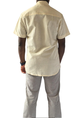 Calico Fabric Shirt Fitted Beige Short Sleeves -Contemporary and Colorful Ensemble-African apparel and accessories