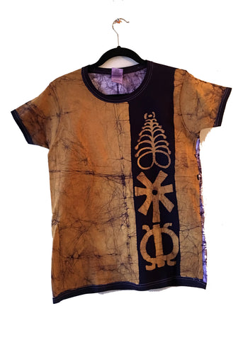 Gold and Purple Fitted T-shirt with Adinkra Symbols -Contemporary and Colorful Ensemble-African apparel and accessories