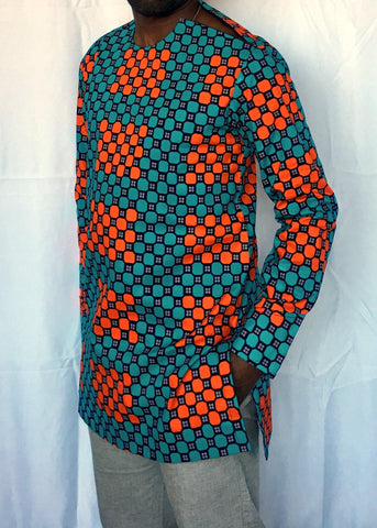 Blue Orange Long Sleeve African Print Tunic -Contemporary and Colorful Ensemble-African apparel and accessories