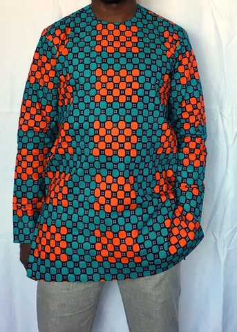 Blue Orange Long Sleeve African Print Tunic -Contemporary and Colorful Ensemble-African apparel and accessories