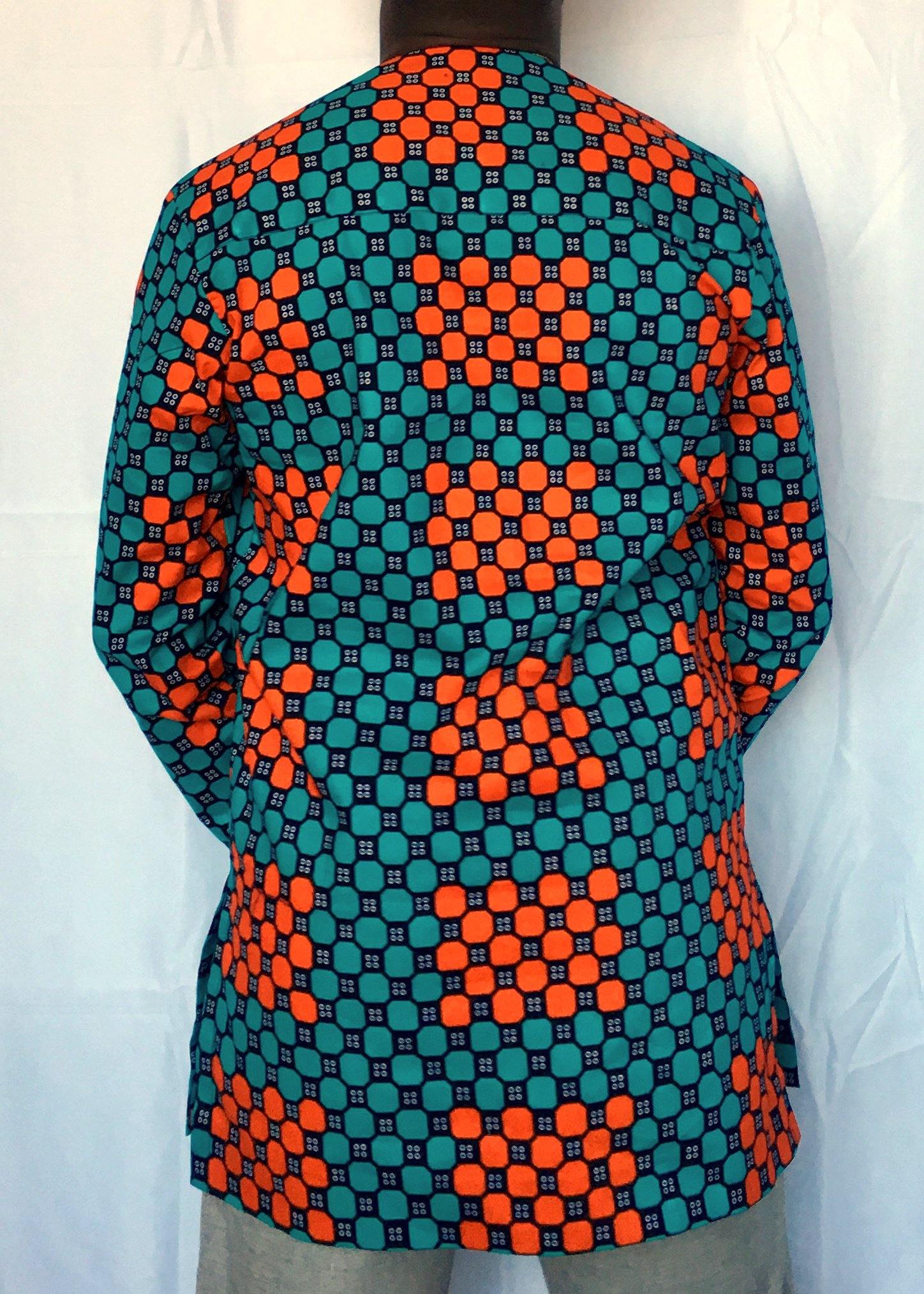Blue Orange Long Sleeve African Print Tunic -Contemporary and Colorful Ensemble-African apparel and accessories