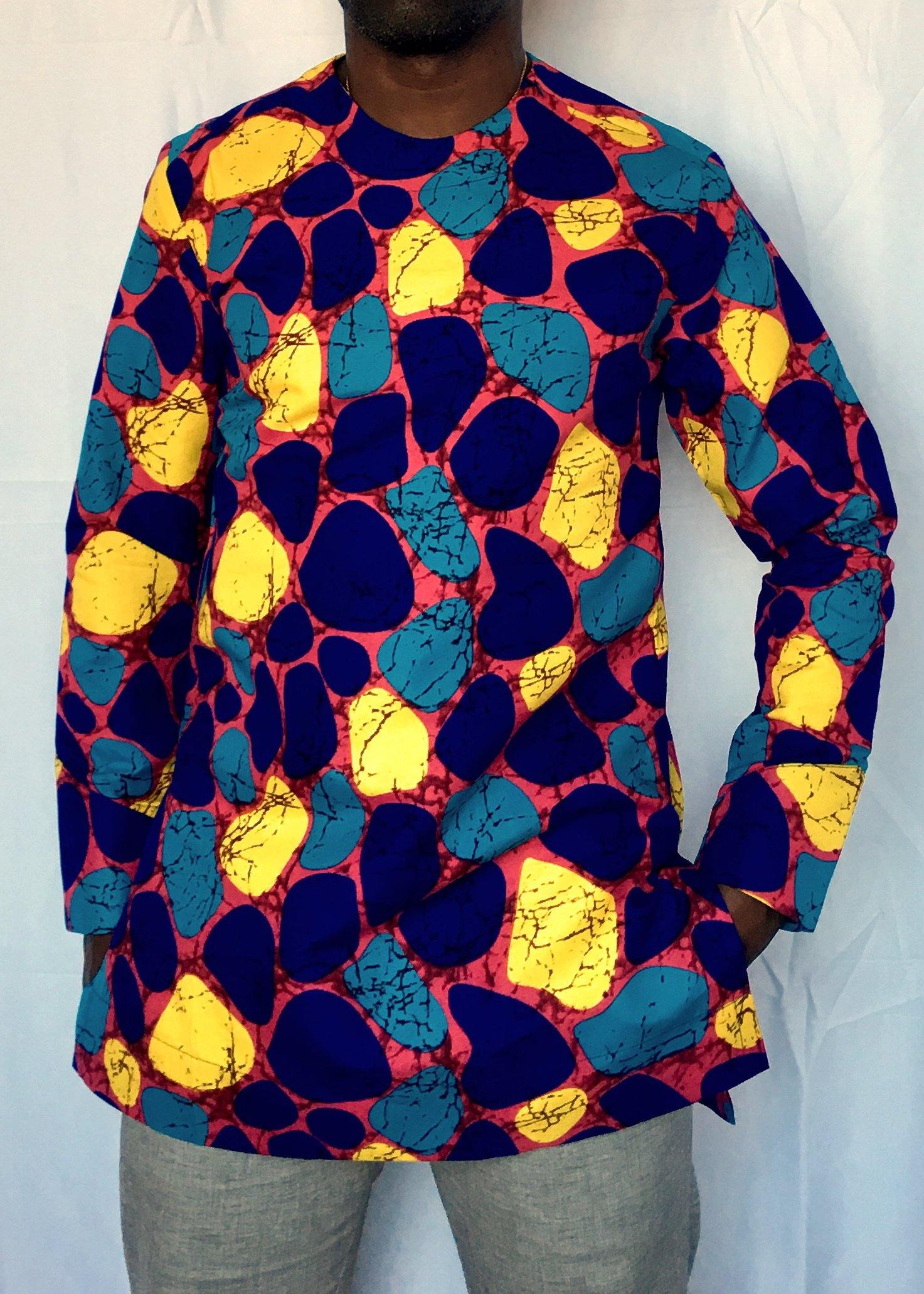 Blue Yellow Long Sleeve African Print Tunic -Contemporary and Colorful Ensemble-African apparel and accessories
