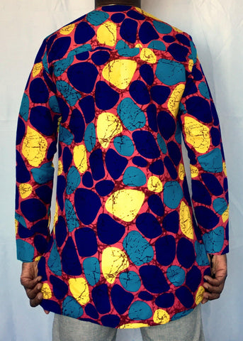 Blue Yellow Long Sleeve African Print Tunic -Contemporary and Colorful Ensemble-African apparel and accessories