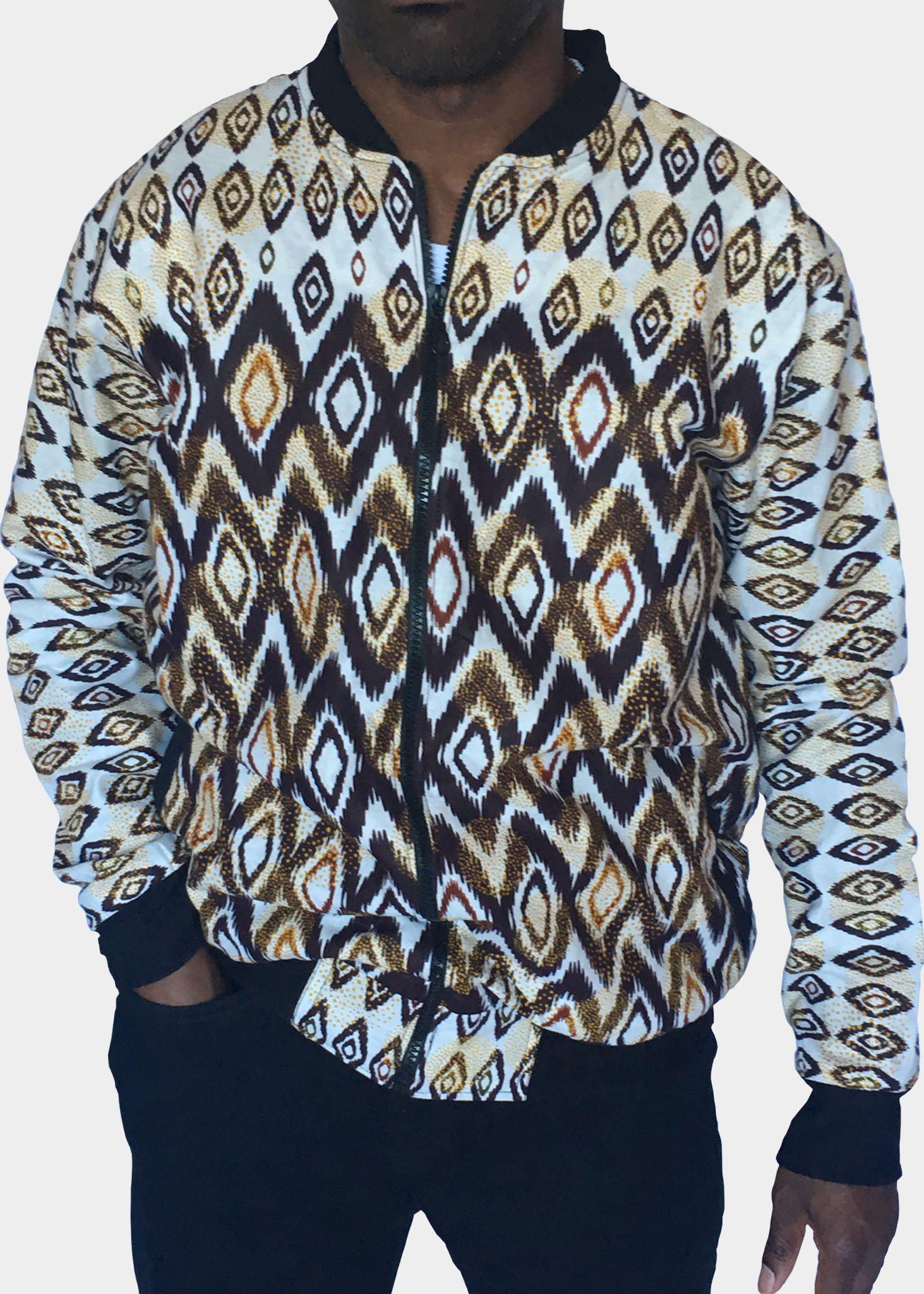Diamond Shape  White Bomber Jacket -Contemporary and Colorful Ensemble-African apparel and accessories