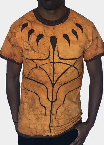 Gold and Brown Short Sleeve Batik T-shirt with Black Panther Claws -Contemporary and Colorful Ensemble-African apparel and accessories