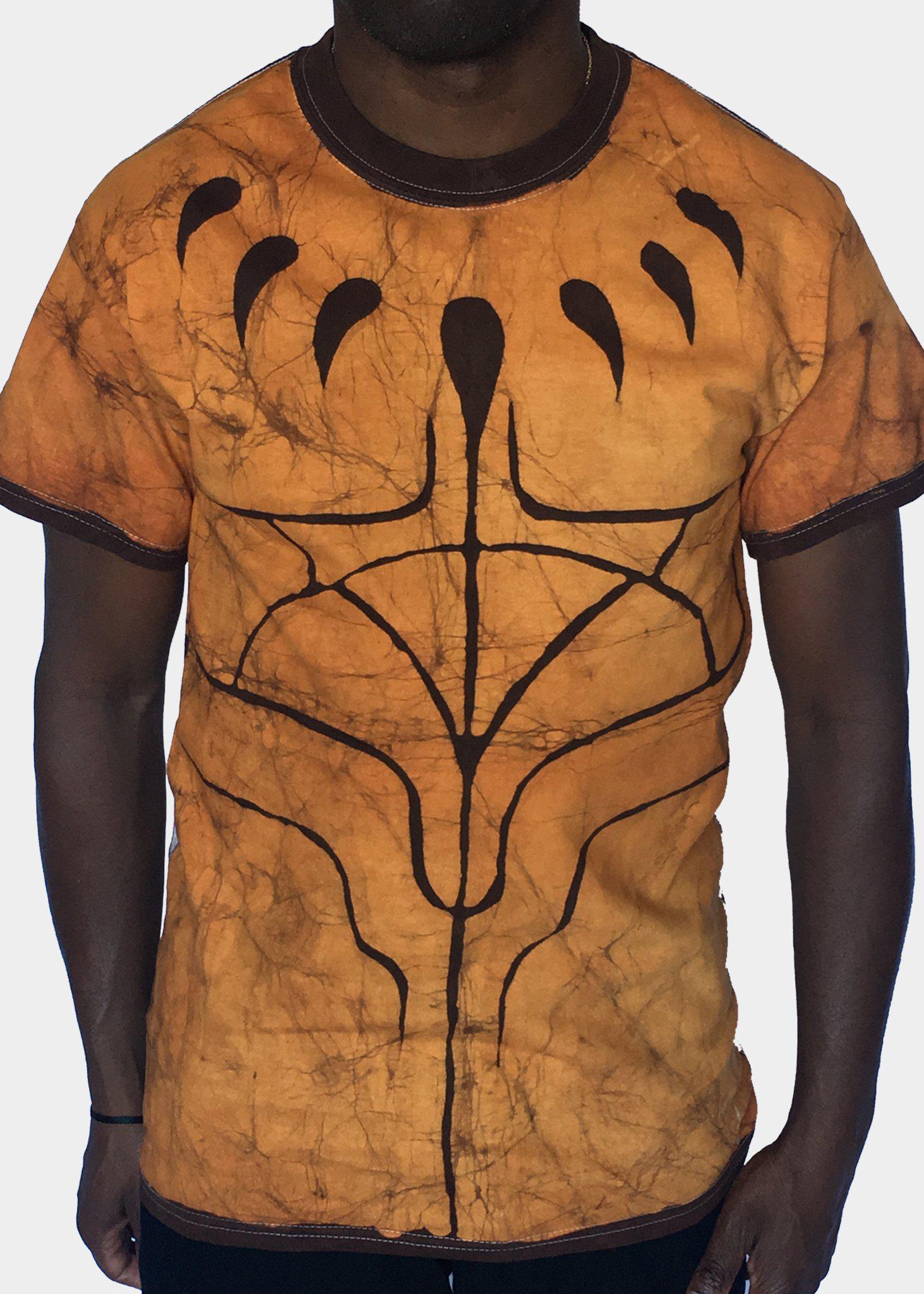 Gold and Brown Short Sleeve Batik T-shirt with Black Panther Claws-Contemporary and Colorful Ensemble-African apparel and accessories