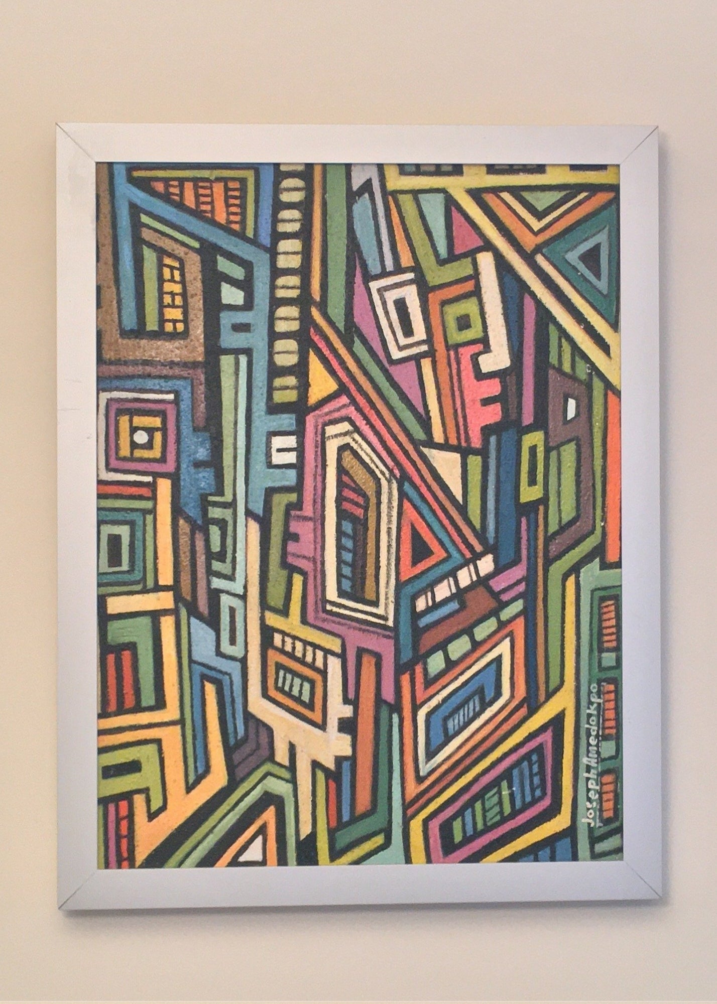 Silver framed Oil painting "Egungun Cult" - Contemporary and Colorful Ensemble-African apparel and accessories