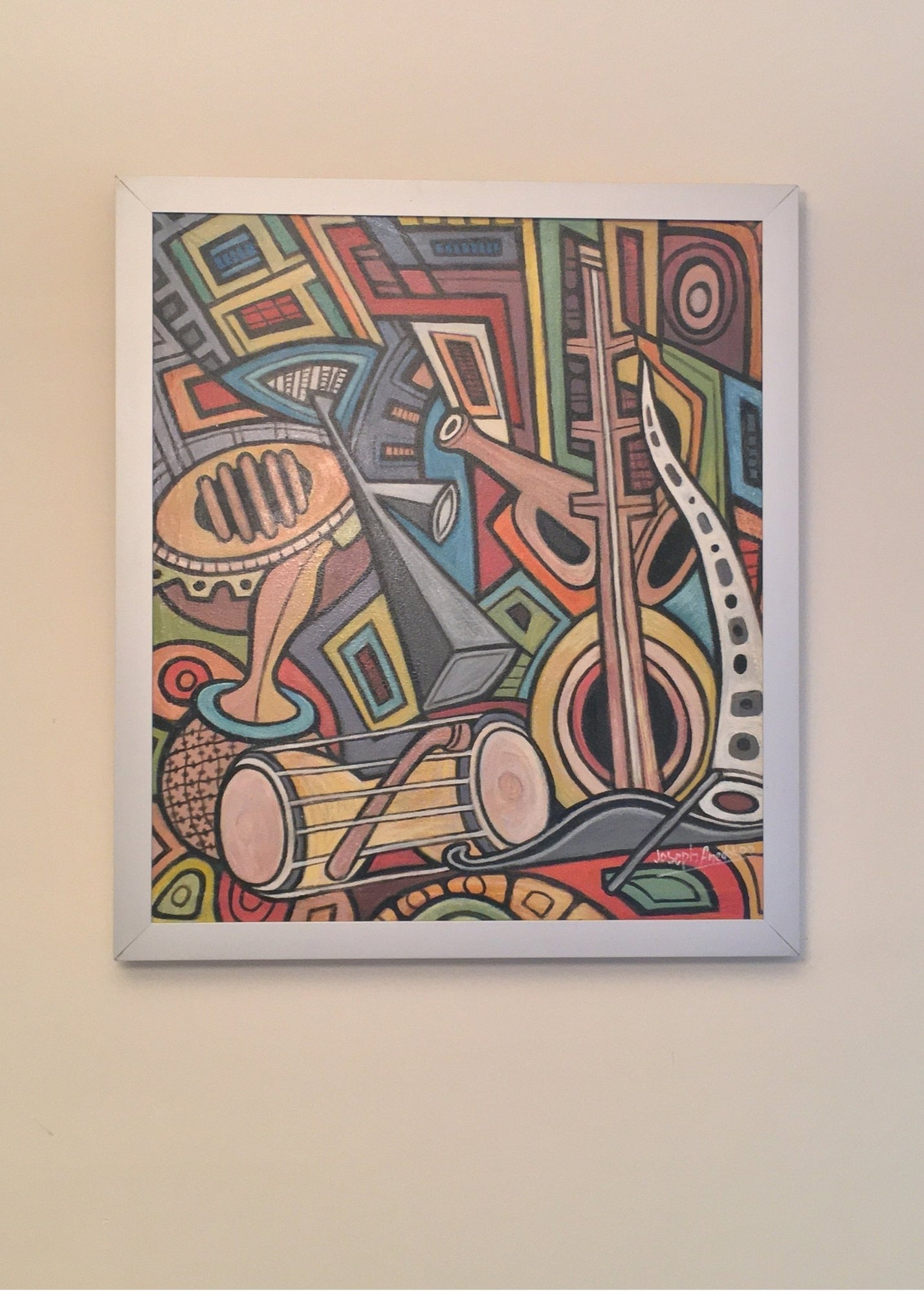 Silver framed Oil painting "Musical Instruments" - Contemporary and Colorful Ensemble-African apparel and accessories