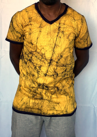 Yellow Short Sleeves Batik V Neck- Contemporary and Colorful Ensemble-African apparel and accessories